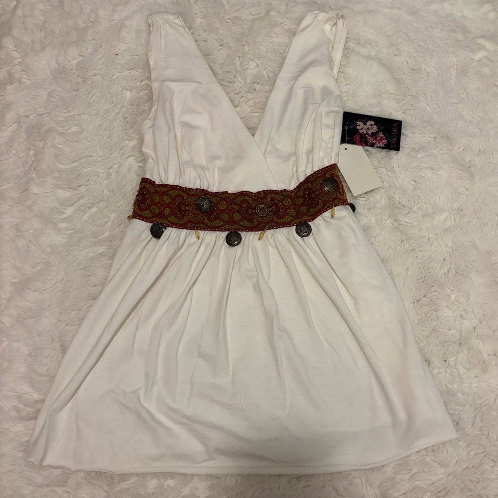 Takara Vintage White Babydoll Top with Red and Gold Embroidered Waist
